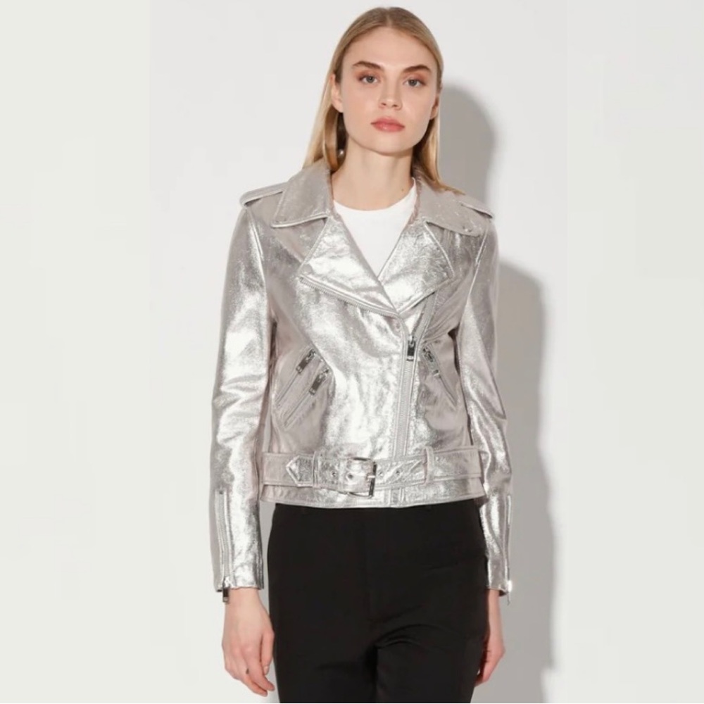 Walter Baker Allison Metallic Silver Leather Moto Jacket Sizes Small & Medium